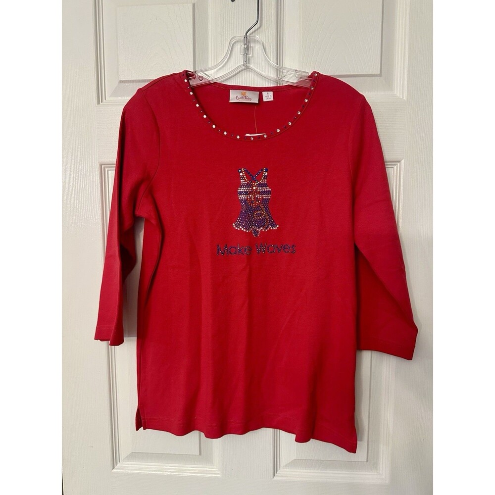 NEW Quacker Factory red rhinestone Make Waves beach womens top shirt size SMALL